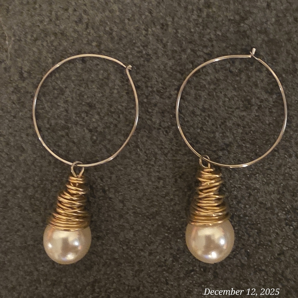Vintage Gold and Pearl Wire Wrapped Hoop Earrings
